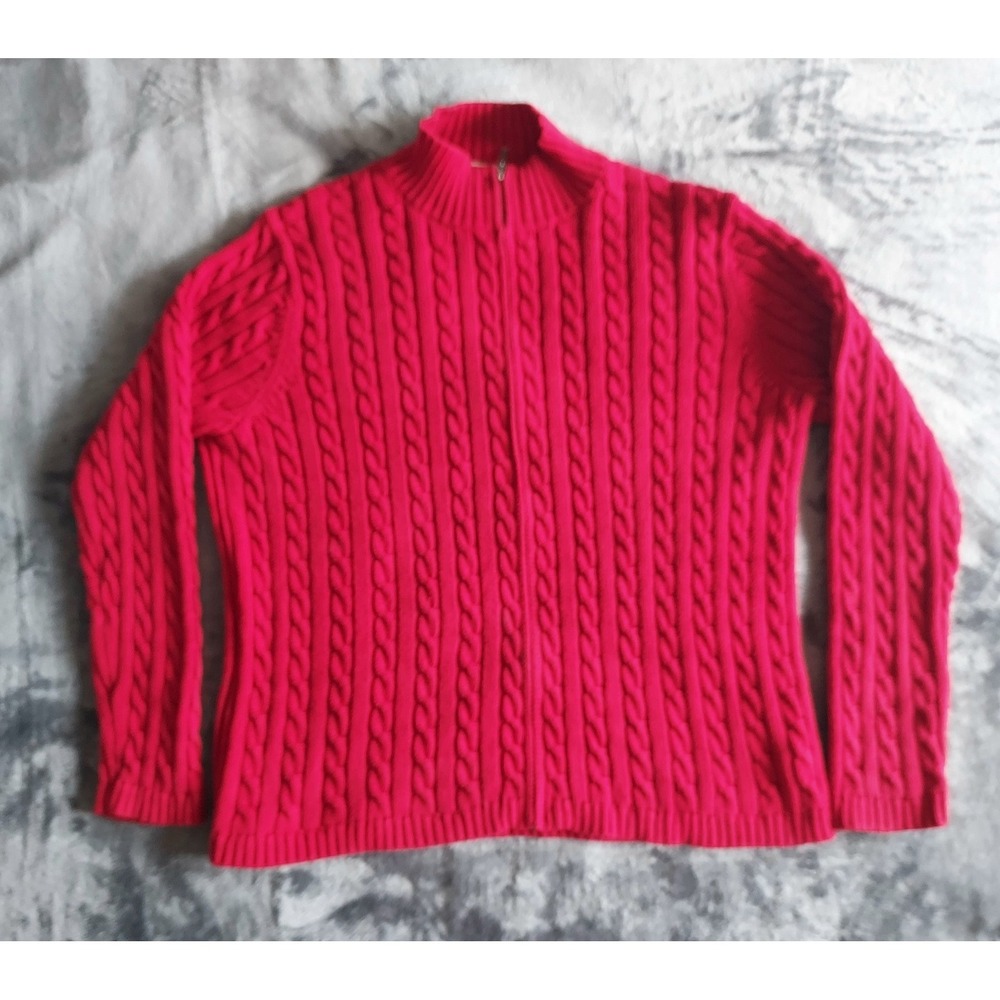 Vtg‎ LL Bean Sweater Women's XL Red Cotton Cable Chunky Full Zip Fisherman